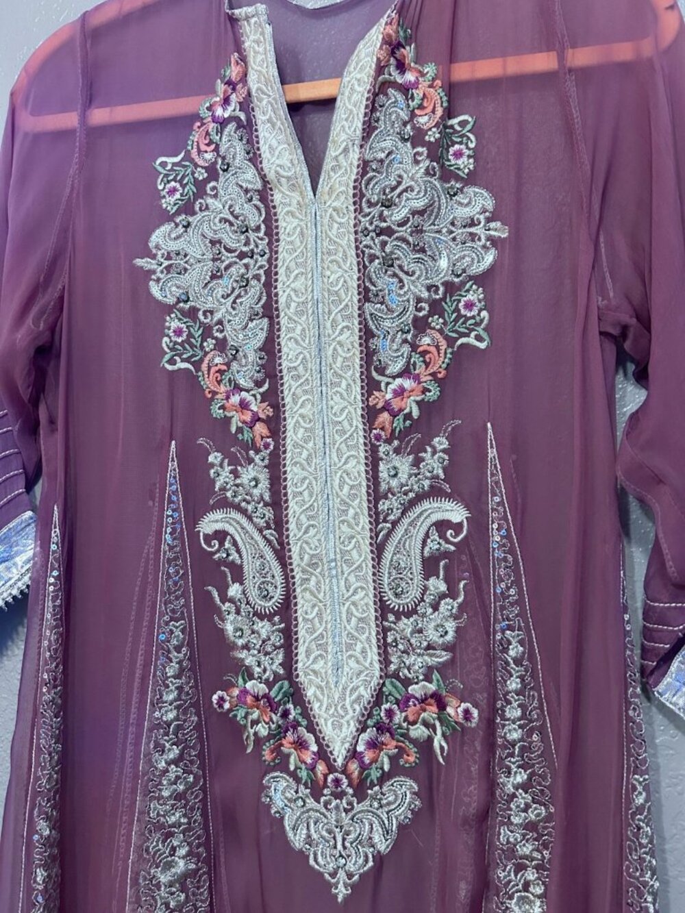Purple Silver Embroidered Sheer Chiffon Kaftan Maxi Dress Gown Abaya Caftan Boho - Picture 4 of 8
